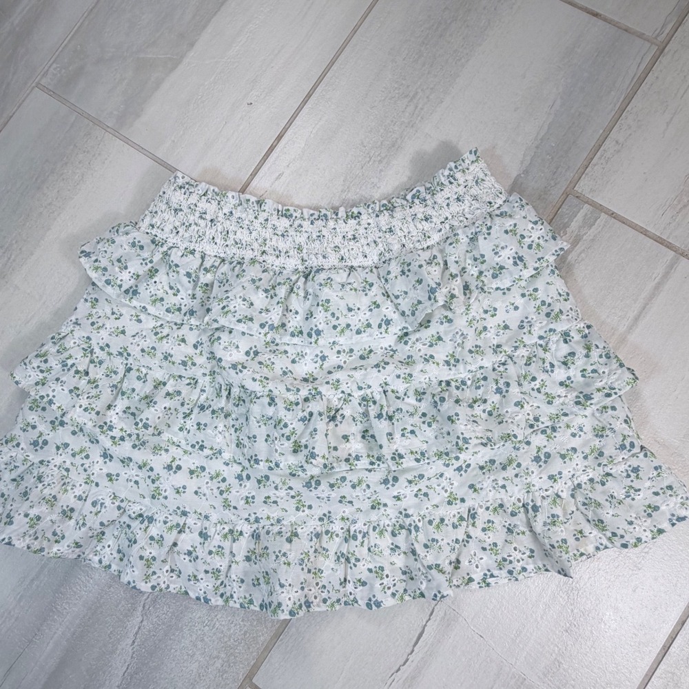 Storia Floral Tiered Ruffle Mini Skirt Smocked Waist White Green Blue SS2683 L